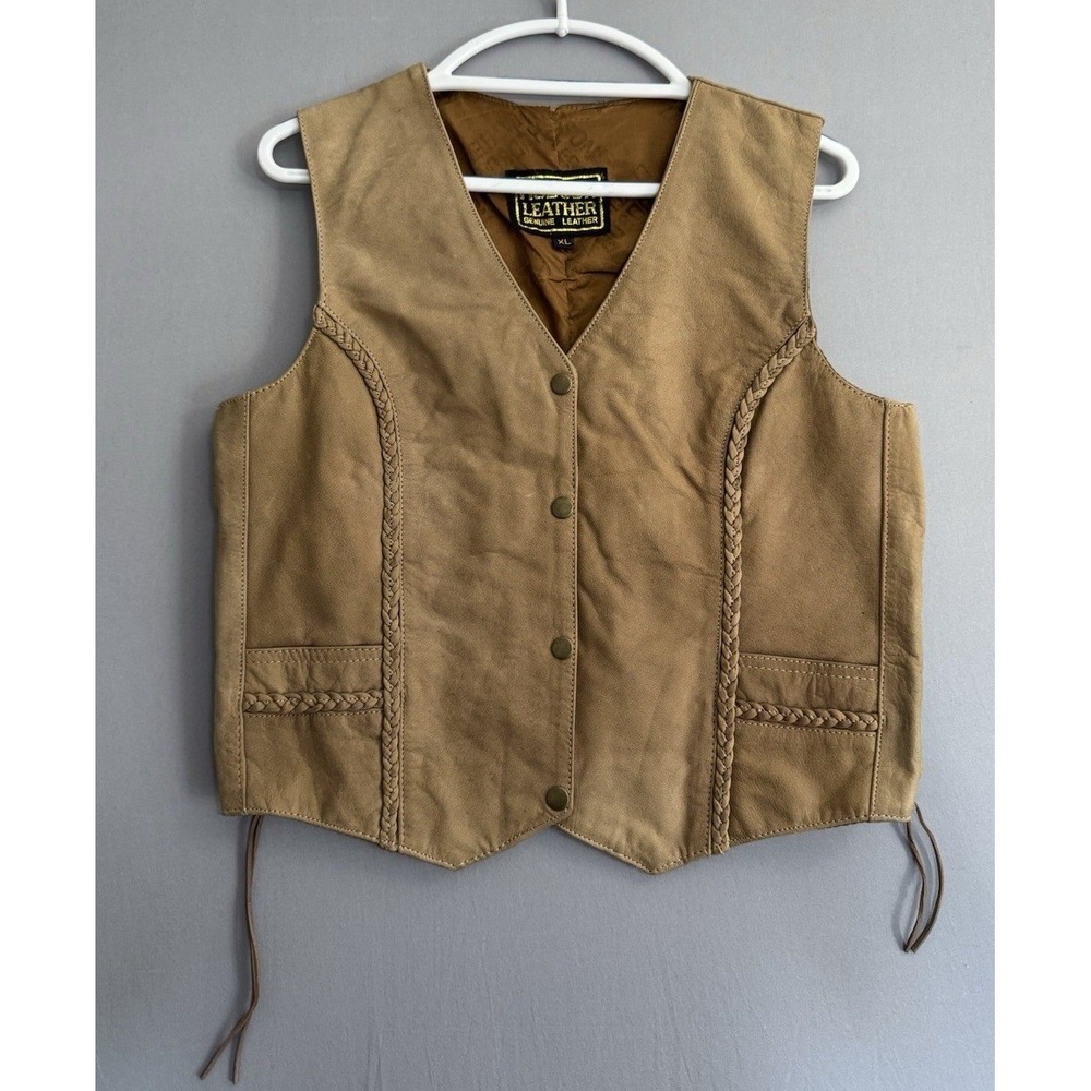 Vintage Hudson Leather Vest Womens XL Braided Tan Beige Brown Western Biker Y2K